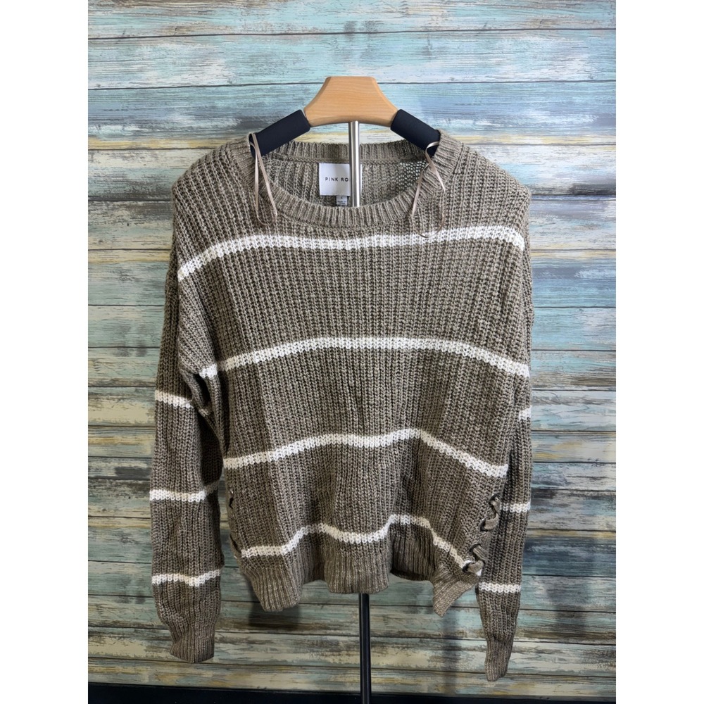 Pink Rose Sweater S Olive Green Striped Lace Up Side Shaker Knit Pullover - Picture 2 of 4